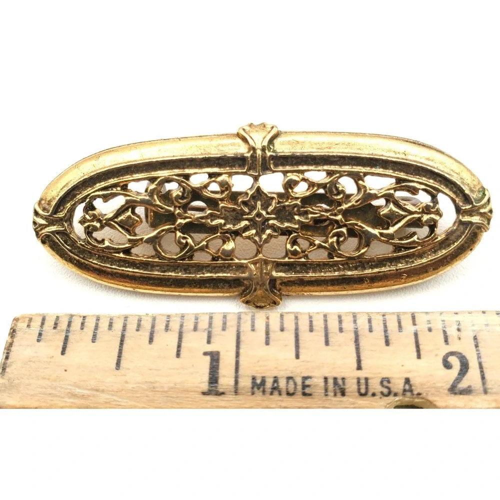 Vintage Gold Tone Openwork Filigree Bar Brooch Oval Scroll Design Pin